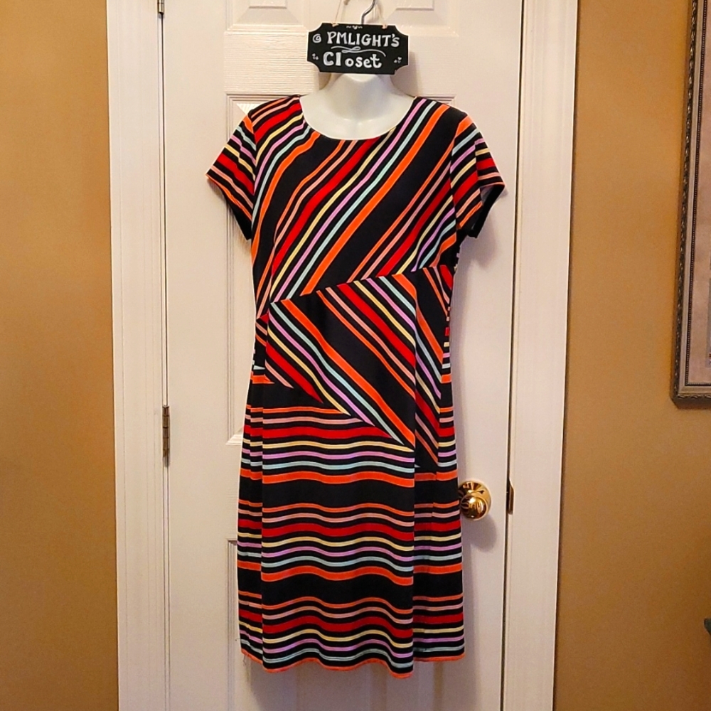 Cato Dress M Short Sleeve Striped Black Orange Yellow Pink Blue